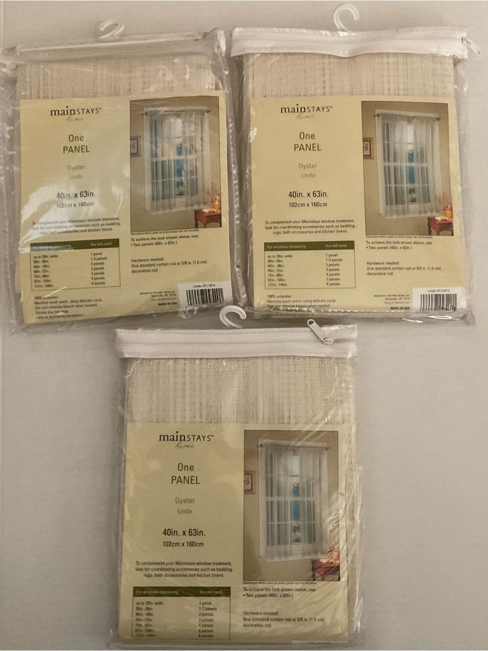 NEW Lot of 3 Mainstays Oyster Linda Sheer Window Panel 40”x63”
